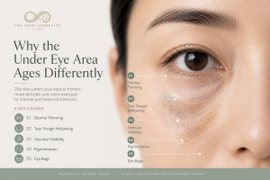 Diagram showing dermal thinning, tear-trough hollowing, vascular visibility, pigmentation and eye bags as causes of under-eye ageing.