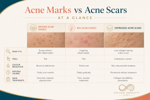 Summary infographic helping readers tell acne marks apart from acne scars, with key visual clues and a simple treatment overview.