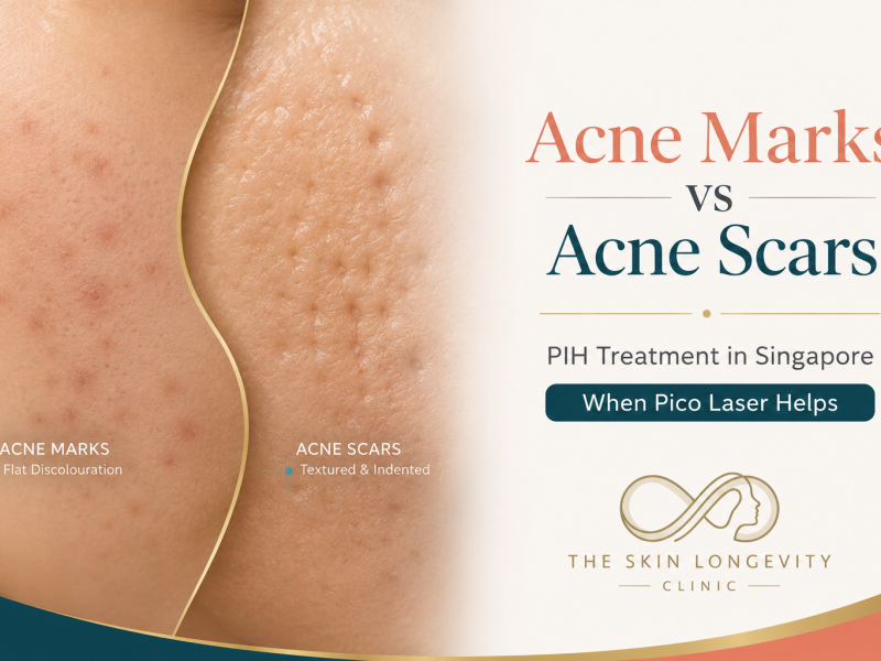 Educational graphic explaining the difference between acne marks and acne scars, including pigmentation, redness and textural scarring, with treatment guidance in Singapore.