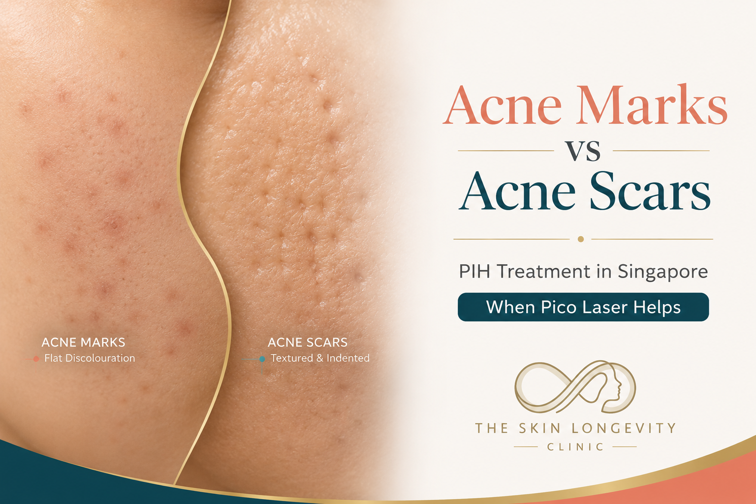 Educational graphic explaining the difference between acne marks and acne scars, including pigmentation, redness and textural scarring, with treatment guidance in Singapore.