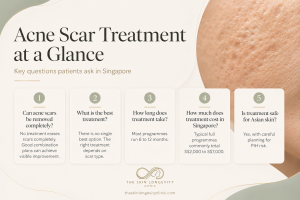 Five-question acne scar infographic covering complete removal, treatment choice, duration, Singapore cost and safety for Asian skin.