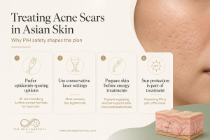 Asian skin acne scar safety guide covering epidermis-sparing treatment, conservative laser settings, pigment preparation and sunscreen.
