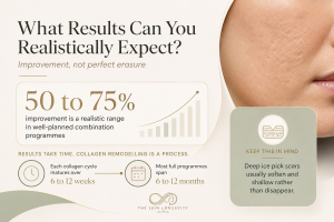 Acne scar results infographic showing a realistic improvement range, collagen remodelling time and the duration of a combination programme.