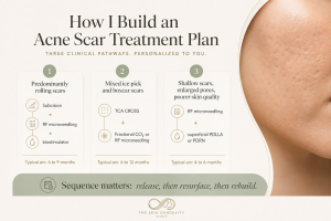 Three personalised acne scar treatment pathways for rolling scars, mixed ice pick and boxcar scars, and shallow scars with enlarged pores.