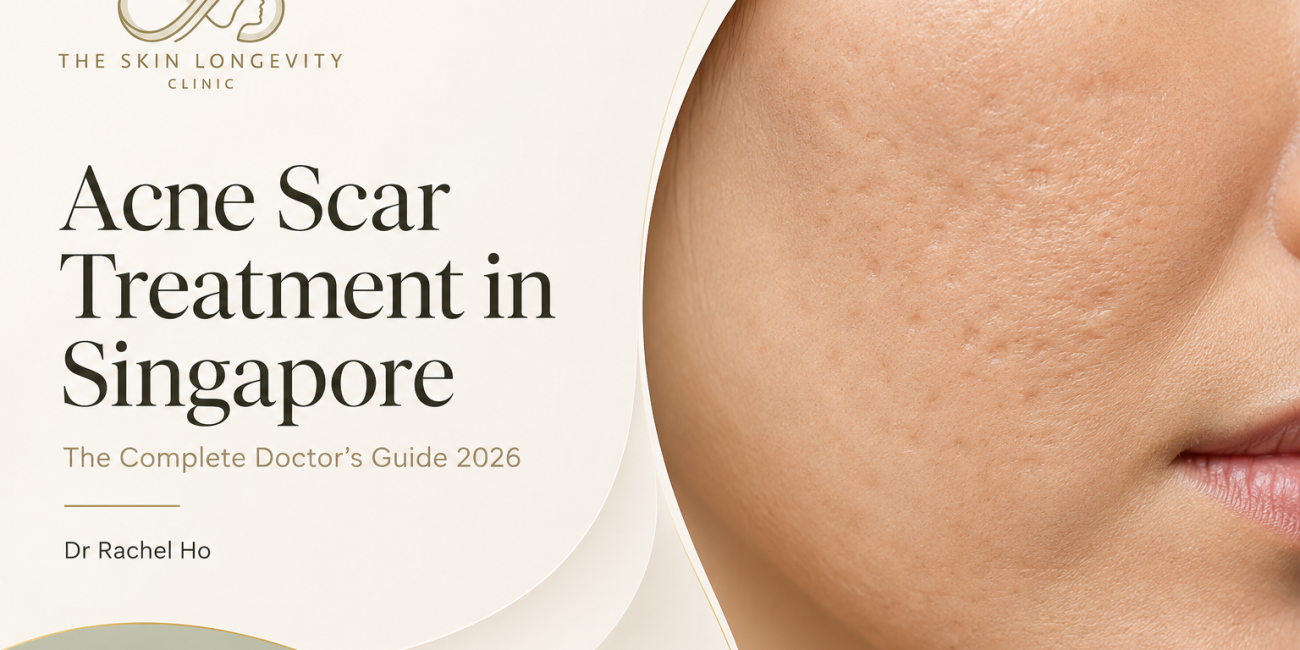 Hyperrealistic close-up of an Asian cheek with mixed atrophic acne scars beside the title Acne Scar Treatment in Singapore.