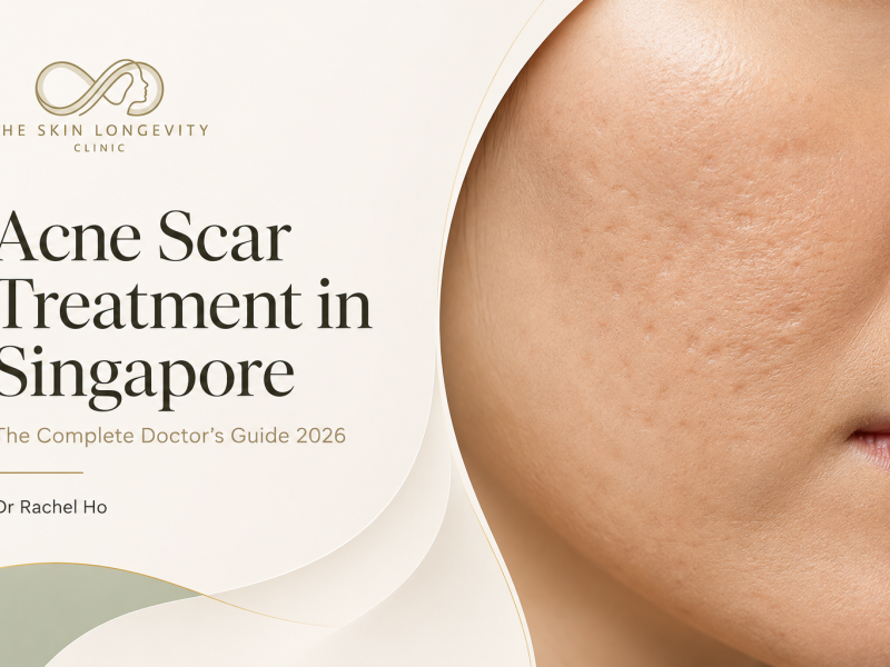 Hyperrealistic close-up of an Asian cheek with mixed atrophic acne scars beside the title Acne Scar Treatment in Singapore.