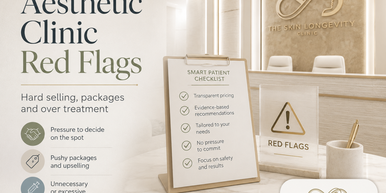 Aesthetic clinic red flags in Singapore, including hard selling, package pressure and unnecessary treatment recommendations.