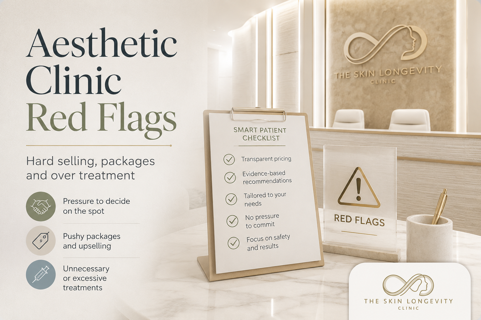 Aesthetic clinic red flags in Singapore, including hard selling, package pressure and unnecessary treatment recommendations.