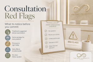 Consultation warning signs including treatment before examination, generic packages, pressure to sign, minimised side effects and no follow-up plan.