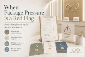 Aesthetic treatment package pressure graphic showing limited-time discounts, upselling and multiple procedures without clinical prioritisation.
