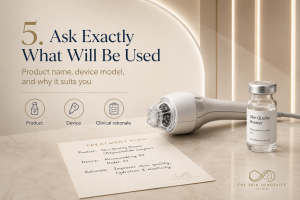 Aesthetic treatment plan showing the exact product, device and clinical rationale patients should ask about before treatment.