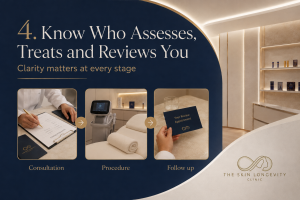Three stage aesthetic treatment care pathway showing consultation, procedure and follow up review.