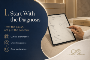 Doctor reviewing a facial assessment to identify the diagnosis and underlying cause before recommending an aesthetic treatment.