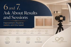 Standardised before and after photography setup with treatment sessions, review points and a maintenance timeline.