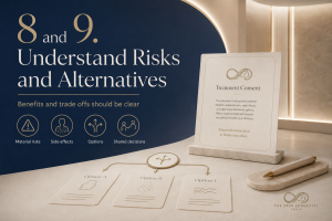 Treatment consent graphic explaining material risks, possible side effects, reasonable alternatives and shared decision making.