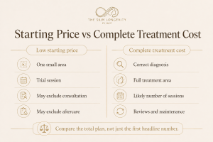 Side-by-side comparison of a low starting price and the complete cost of an aesthetic treatment plan in Singapore.