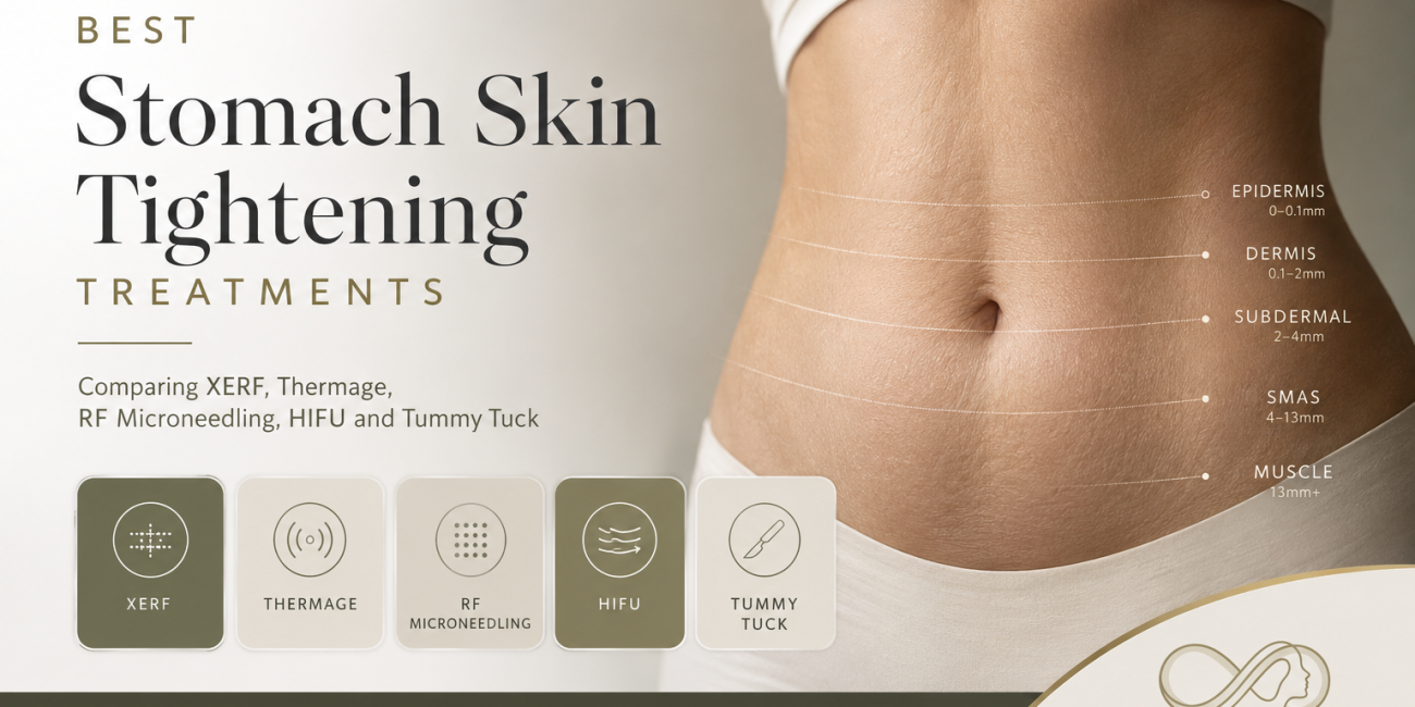Best abdominal skin tightening options in Singapore comparing XERF, Thermage, RF microneedling, HIFU and tummy tuck for loose stomach skin