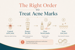 Step by step infographic showing the recommended order for treating acne marks, starting with acne control, followed by skincare and procedure options.