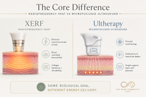 Diagram comparing broad radiofrequency heating from XERF with focal microfocused ultrasound energy from Ultherapy.