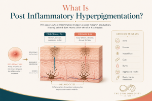 Comparison graphic showing the difference between brown acne marks and red acne marks, with an explanation of why they happen and how treatment differs.