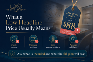 Graphic explaining how a low Pico laser trial price may involve a shorter session, standard settings or fewer assessment and review components.
