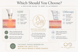Doctor-led Singapore decision guide for choosing XERF radiofrequency or Ultherapy ultrasound according to facial laxity depth.