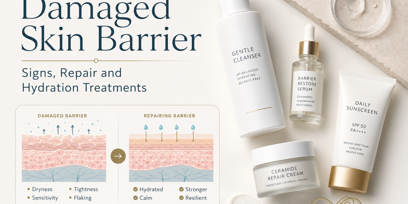 Damaged skin barrier guide showing disrupted skin layers, recovery with gentle skincare, ceramide moisturiser and sunscreen.