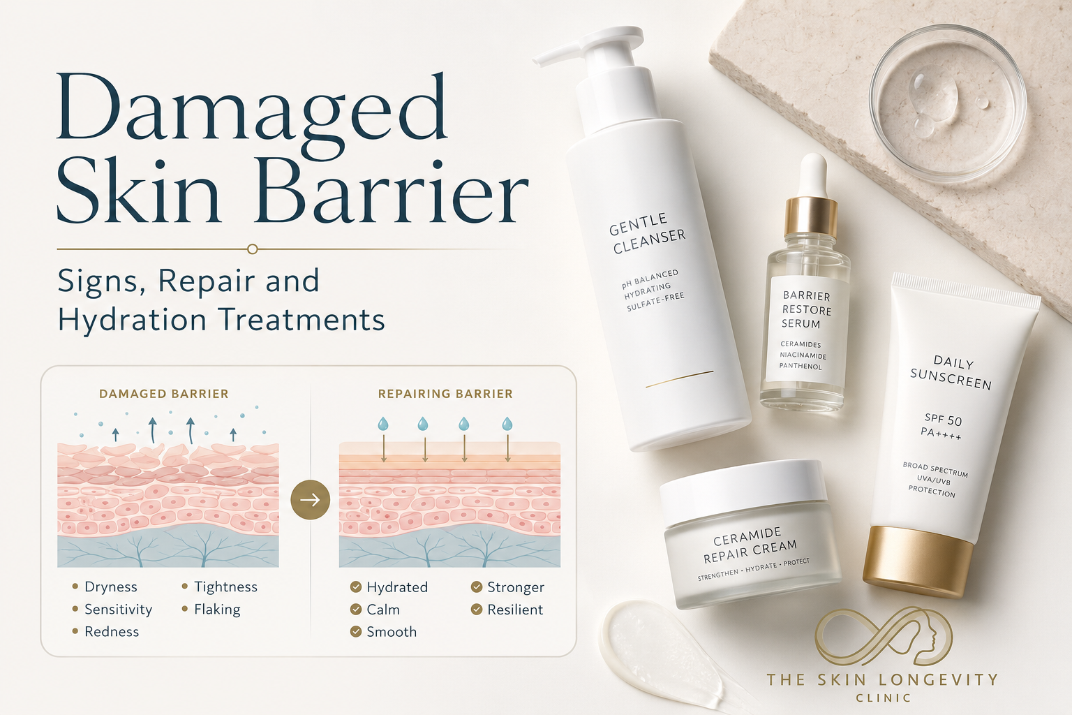 Damaged skin barrier guide showing disrupted skin layers, recovery with gentle skincare, ceramide moisturiser and sunscreen.