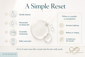 Four-step skincare reset with gentle cleanser, humectant serum, ceramide moisturiser and daily sunscreen.