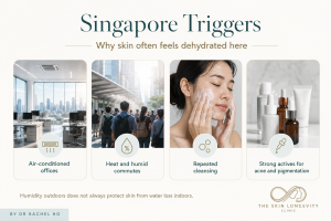 Infographic showing air conditioning, hot humid commutes, repeated cleansing and strong skincare actives as dehydration triggers in Singapore.