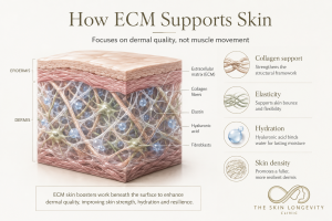 Medical skin cross section showing extracellular matrix, collagen fibres, elastin, hyaluronic acid and fibroblasts within the dermis.
