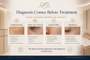 Infographic showing possible causes of pigmentation, dark eye circles, large pores and wrinkles before aesthetic treatment is selected.
