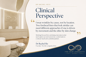 Quote graphic with Dr Rachel Ho’s clinical perspective on treating wrinkles by cause rather than by location.