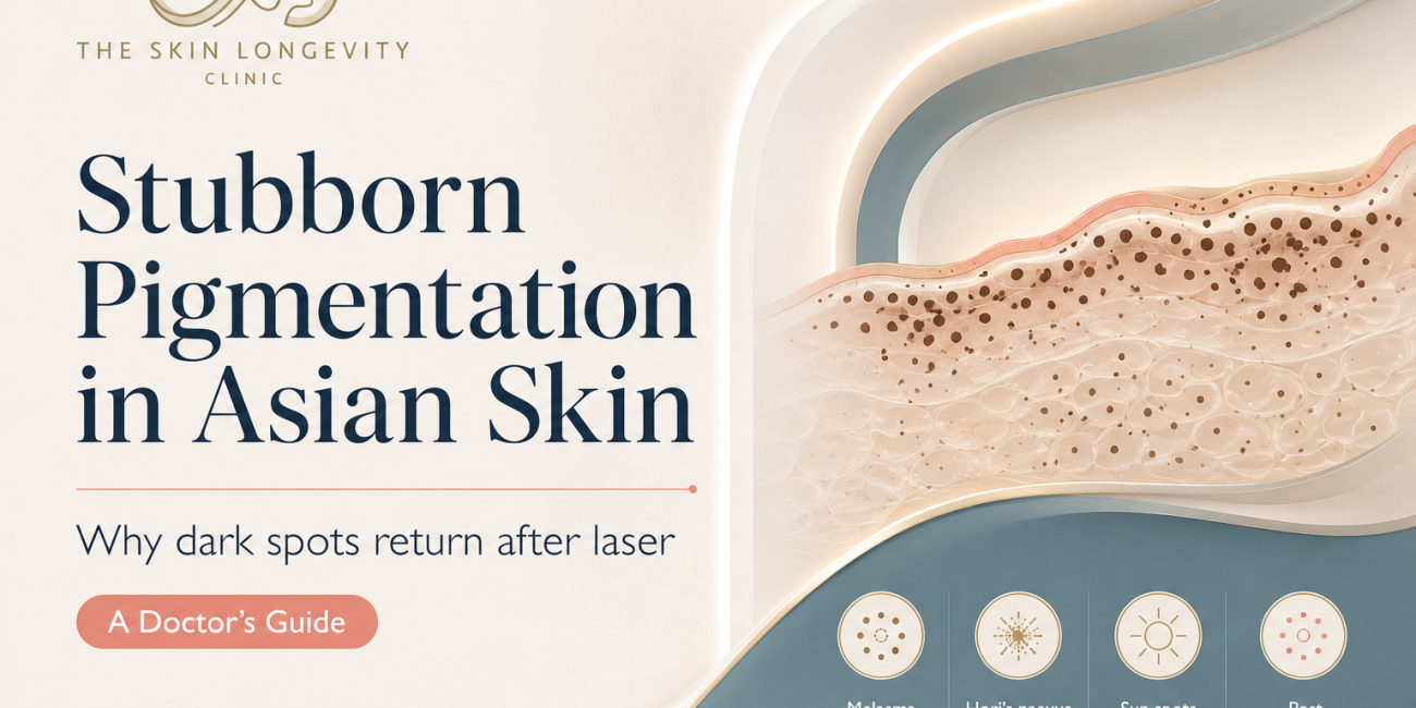 Stubborn cheek pigmentation in Asian skin showing melasma, Hori’s naevus, sun spots and PIH at different depths
