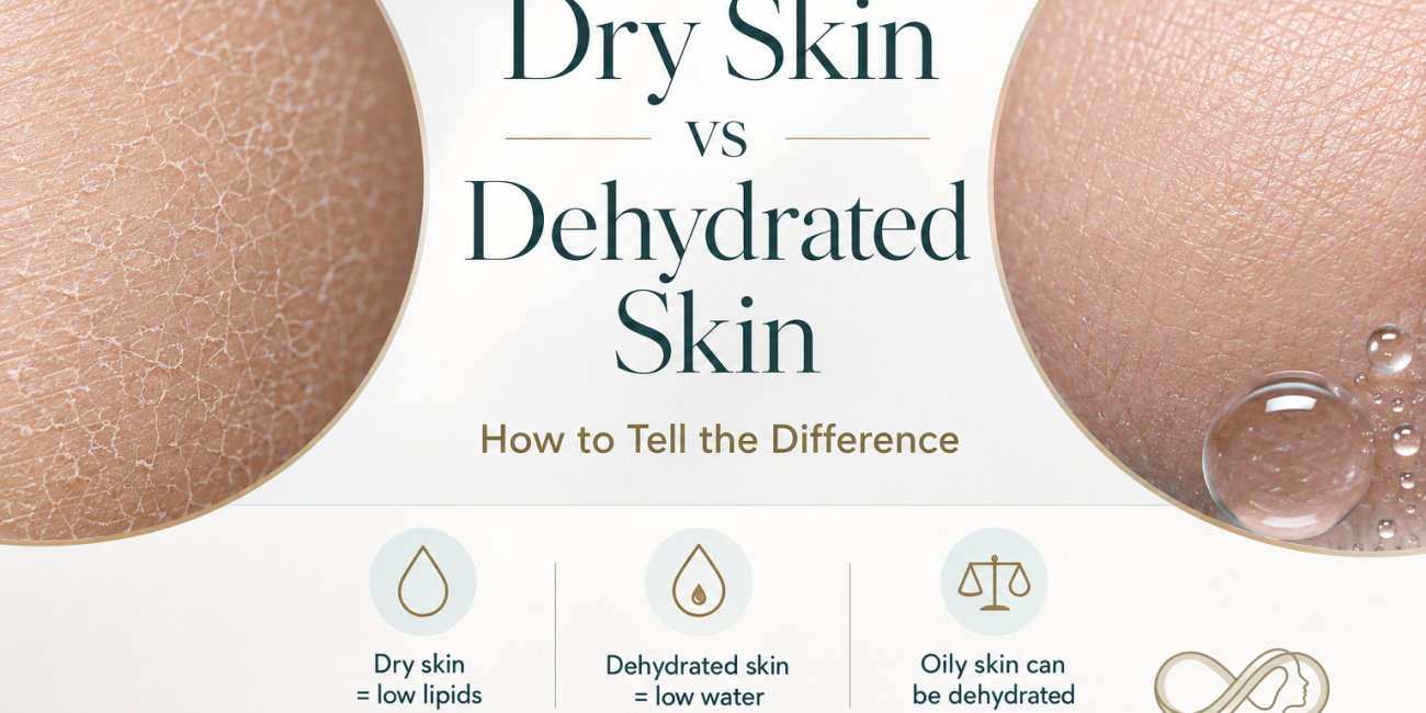 Close-up comparison of rough dry skin and dehydrated skin with surface water droplets