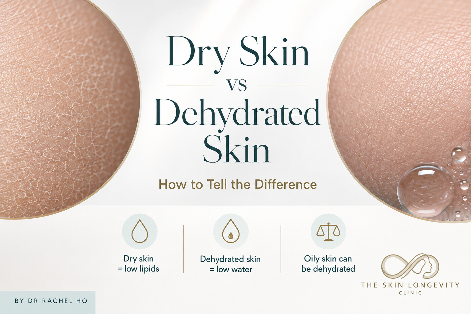 Close-up comparison of rough dry skin and dehydrated skin with surface water droplets