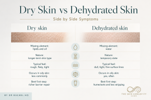 Side-by-side chart comparing the symptoms, causes and first treatment steps for dry and dehydrated skin.