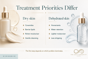 Comparison of ceramides and barrier lipids for dry skin with humectants and water retention for dehydrated skin.