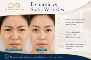 Comparison graphic showing dynamic wrinkles with expression and static wrinkles visible at rest.