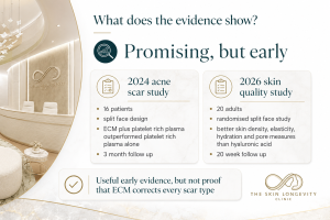 Evidence summary comparing a 2024 acne scar study and a 2026 skin quality study of injectable acellular dermal matrix.