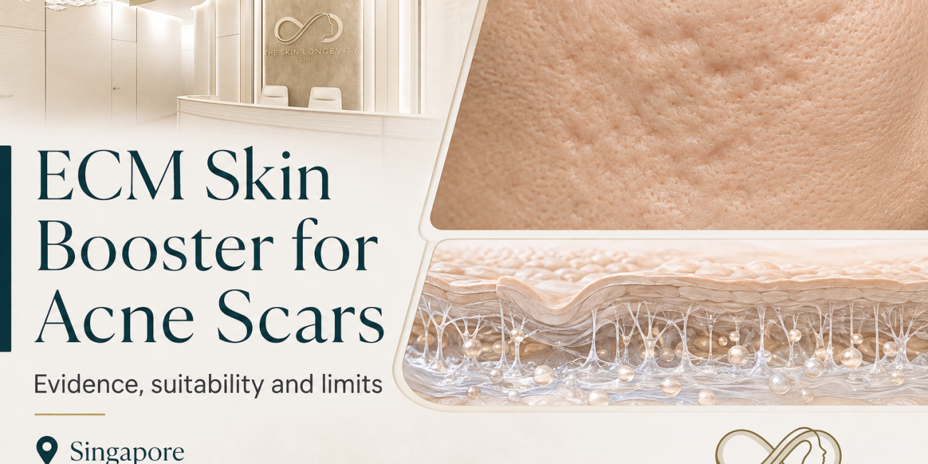 ECM skin booster acne scar guide with hyperrealistic atrophic scar texture, a skin cross-section and The Skin Longevity Clinic reception.