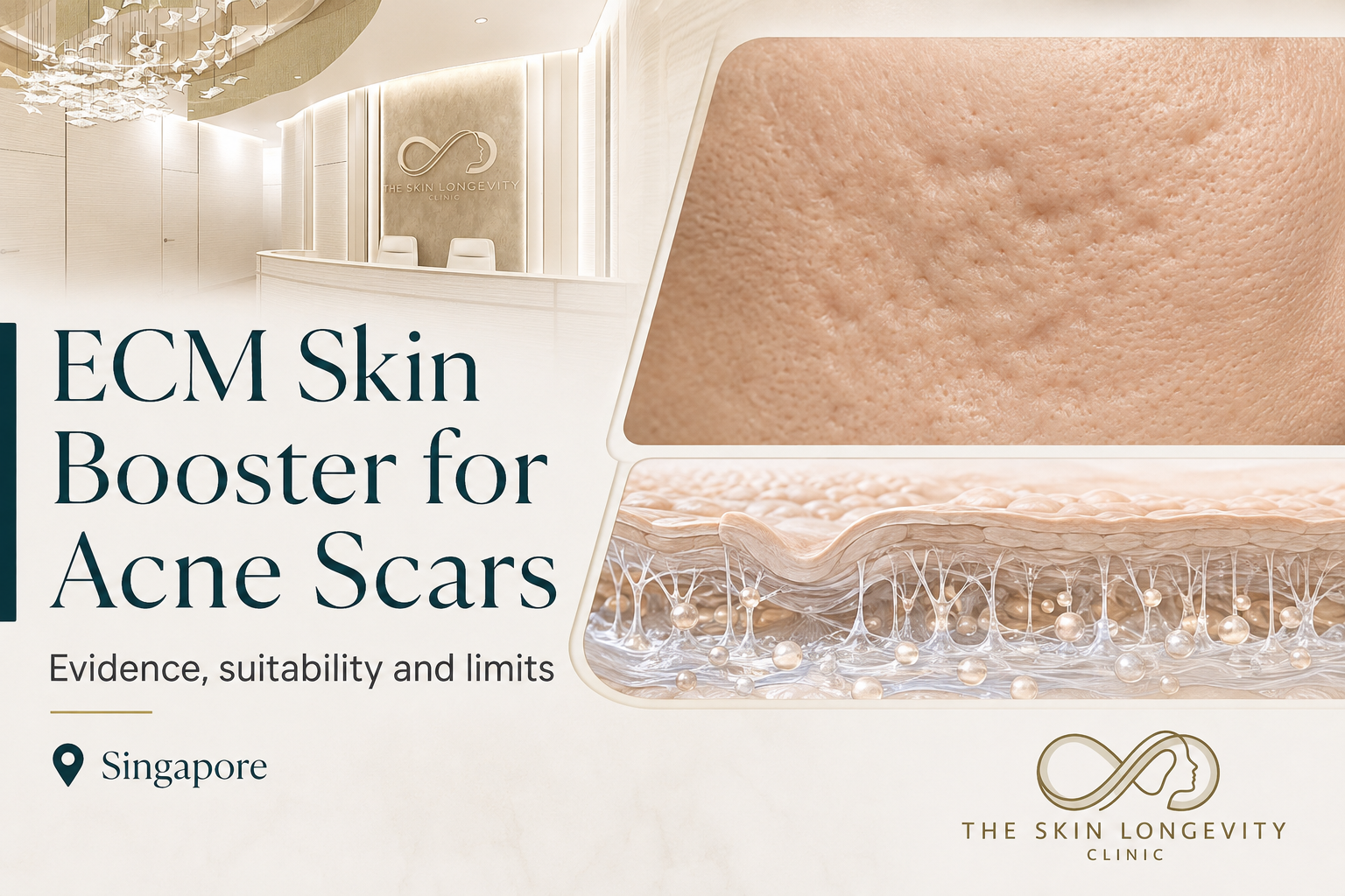 ECM skin booster acne scar guide with hyperrealistic atrophic scar texture, a skin cross-section and The Skin Longevity Clinic reception.
