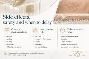 ECM skin booster safety guide listing expected reactions, less common risks and reasons to delay acne scar treatment.