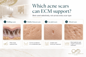 Rolling, shallow boxcar, ice-pick and mixed acne scars compared for ECM skin booster suitability.