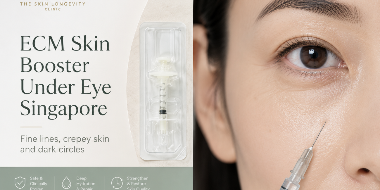 ECM skin booster under-eye treatment graphic showing fine lines, crepey skin and dark circles in an Asian woman.