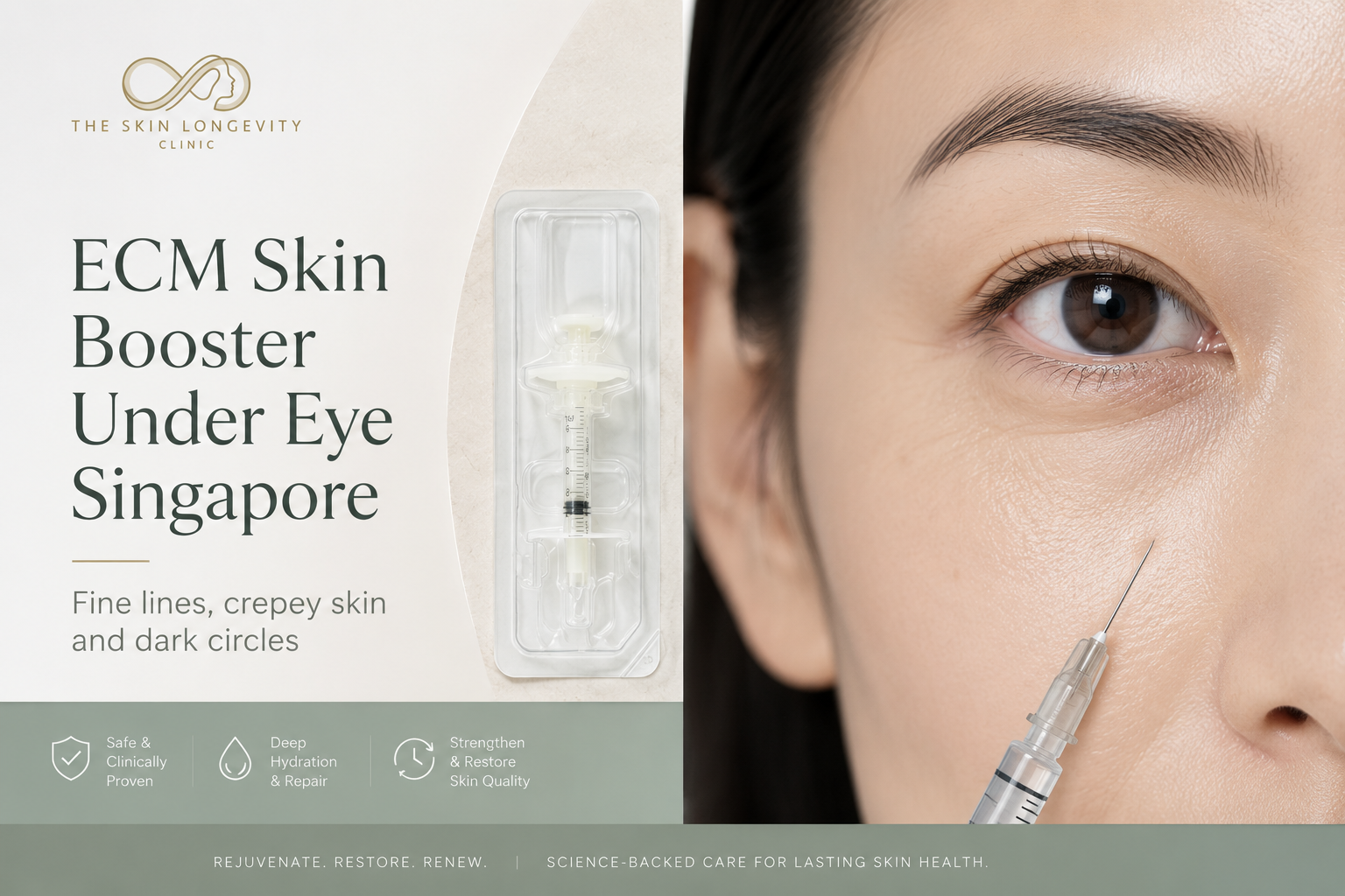 ECM skin booster under-eye treatment graphic showing fine lines, crepey skin and dark circles in an Asian woman.