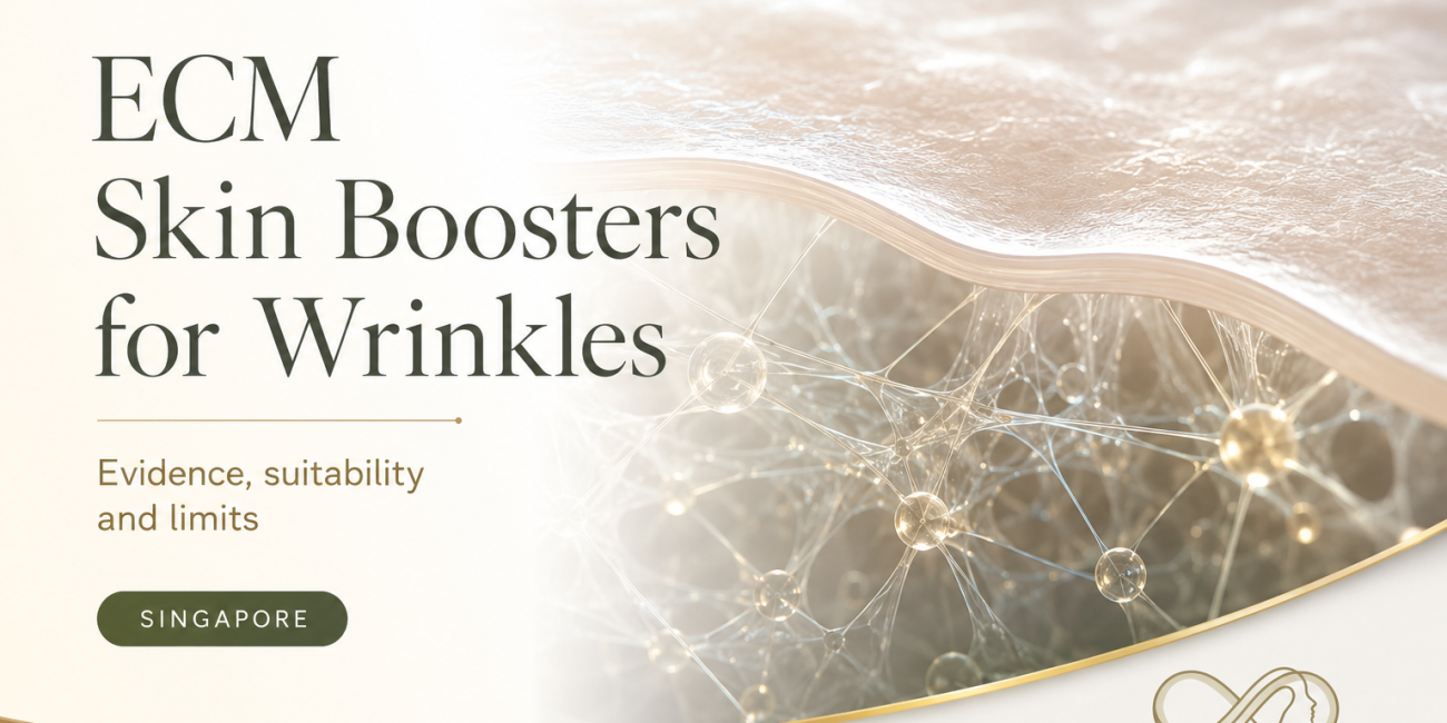 ECM skin booster for wrinkles in Singapore with a medical illustration of the dermal extracellular matrix beneath the skin.