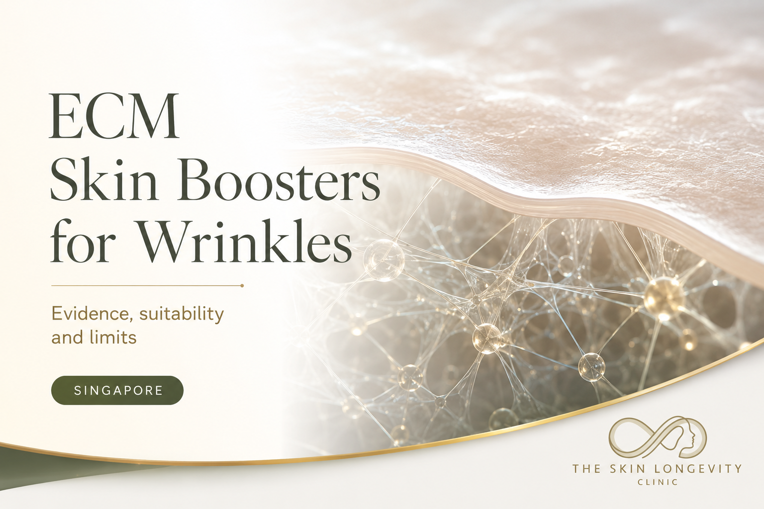ECM skin booster for wrinkles in Singapore with a medical illustration of the dermal extracellular matrix beneath the skin.