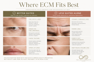 Guide showing fine static lines and crepey skin that may suit ECM treatment compared with movement-driven wrinkles and deep facial folds.
