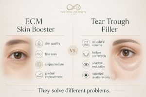 Comparison of ECM under-eye skin booster for skin quality and tear-trough filler for structural hollowing.
